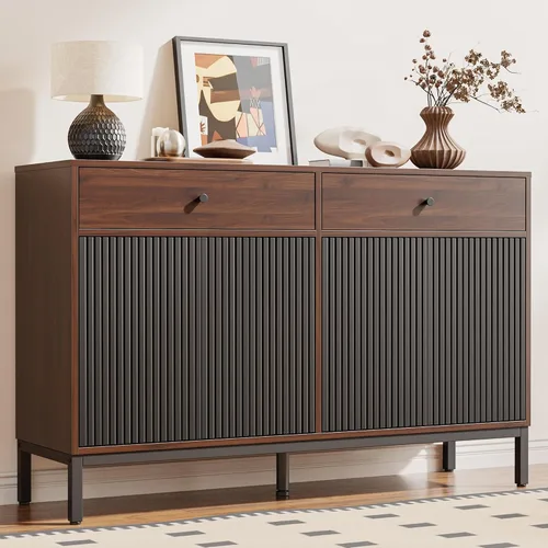 Vista 22 de Mericonia Aparador Buffet Gabinete Almacenamiento, Consola de madera moderna acanalada Credenza