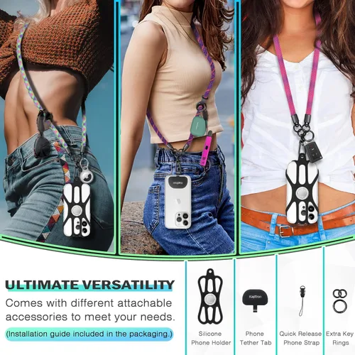 Vista 5 de Kaptron Cordón universal para teléfono celular: correa cruzada ajustable para teléfono celular con soporte de silicona para teléfono y correas