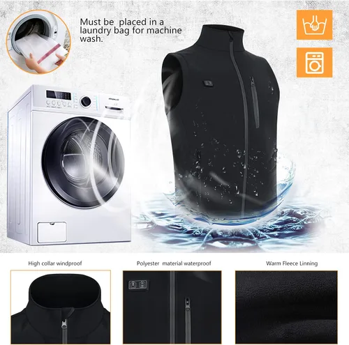 Vista 4 de Chaleco calefactor, chaleco calefactor, recargable, chaqueta calefactora con 3 niveles de calefacción, unisex, batería de ropa no incluida, Negro