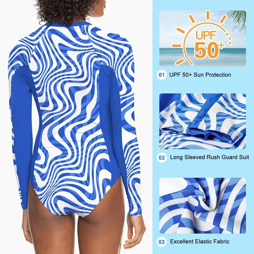 Vista 5 de color cosplayer Traje de baño de una pieza de manga larga con protección solar UPF 50+ para mujer, azul (Blue Wavy)