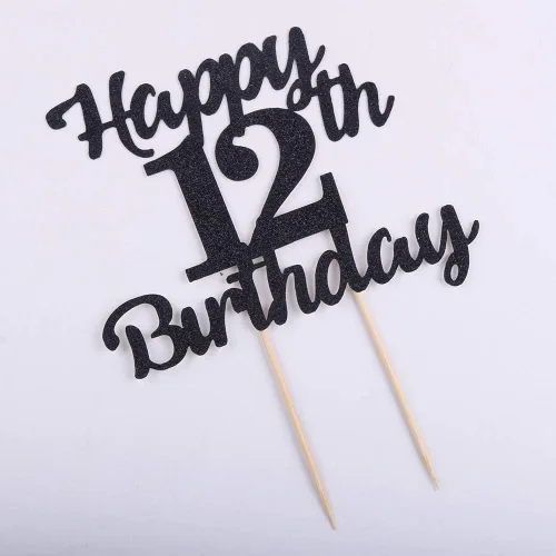 Vista 4 de LVEUD Decoración para pastel de cumpleaños número 12 para feliz cumpleaños, 12 adornos negros para tartas de 12 años, adorno de pastel de feliz