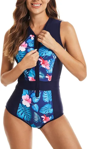 Vista 2 de YATEEN Traje de baño de una pieza sin mangas con cremallera frontal para mujer, sunshine