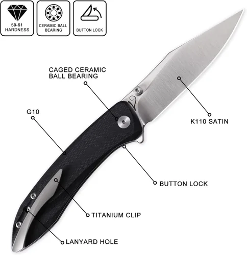 Vista 2 de Petrified fish PFE08 - Cuchillo plegable de crecimiento, hoja de satén K110 de 3.62 pulgadas, cuchillo de bolsillo con bloqueo de botón de mango G10
