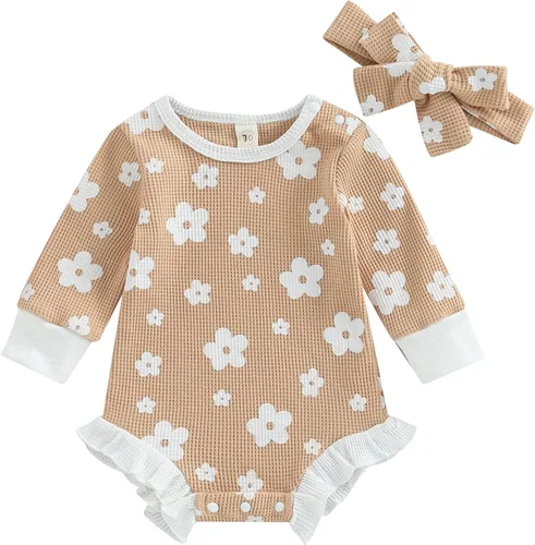 Vista 15 de Ropa de bebé recién nacida, sudadera floral de manga larga, mameluco con volantes, diadema de gofre, traje de otoño de una pieza