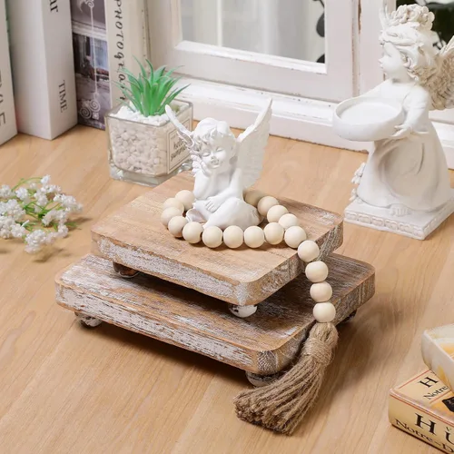 Vista 5 de Capoda 3 piezas de elevadores de madera para decoración, mini soportes de pedestal de madera con guirnalda de cuentas de madera, decoración rústica