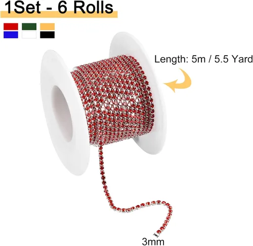 Vista 2 de uxcell 6 rollos de 33 yardas de 0.118 pulgadas (0.118 in) con diamantes de imitación de cristal para coser en cadena de diamantes de imitación