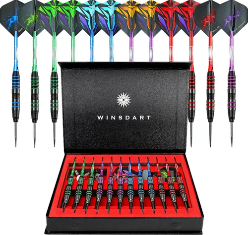 Vista 11 de WINSDART Steel Tip Darts 12 Pack Set with Nonslip Iron Barrel Aluminum Dart Shafts and Flights Darts Sharpener an Gift Box