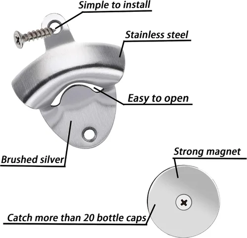 Vista 2 de Abrebotellas de cerveza magnético montado en la pared de acero inoxidable con tapa magnética (plata cepillada)