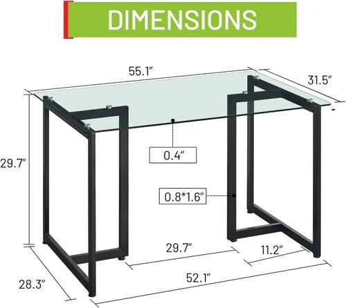 Vista 3 de FurnitureR Mesa de comedor de vidrio templado de 55 pulgadas para 4-6 personas, moderna mesa rectangular espaciosa y patas doradas, elegante