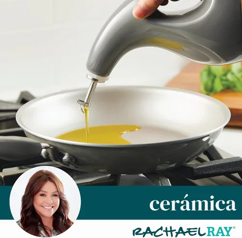Vista 4 de Rachael Ray Serveware Botella dispensadora de aceite y vinagre de cerámica EVOO, juego de 2 piezas, color gris
