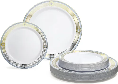Vista 13 de OCASIONES" Paquete de 50 platos (25 invitados) - Juego de platos de plástico desechables pesados para fiestas de boda - 25 x 10.5'' cena + 25 x