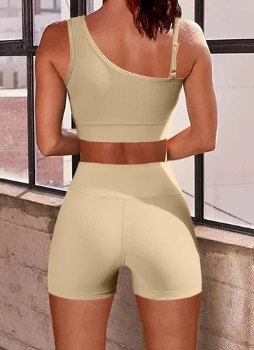 Vista 6 de Conjuntos de entrenamiento para mujer, trajes de 2 piezas, un hombro, sin costuras, brasier deportivo de cintura alta, pantalones cortos