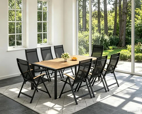 Vista 9 de Crestlive Products Juego de comedor de patio de 9 piezas, mesa de aluminio de 83 pulgadas para exteriores con 8 sillas reclinables, respaldo Marrón