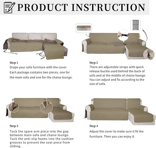 Vista 5 de Easy-Going - Fundas impermeables para sofá seccional con chaise, 2 piezas, antideslizantes, forma de "L", para perros, protector de muebles a prueba