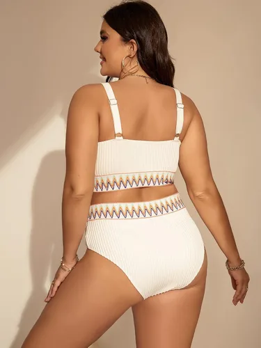 Vista 2 de Cozyease Conjunto de bikini para mujer, traje de baño de 2 piezas con cinta de cheurón y cintura alta