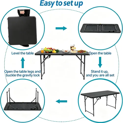 Vista 3 de Dkeli Mesa plegable de 4/6 pies para interiores y exteriores, mesa de plástico resistente, portátil, plegable, para camping, comedor, mesa de Negro