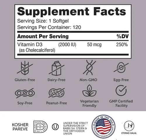 Vista 2 de Zahler - Cápsulas blandas avanzadas de vitamina D3 de 2000 UI (120 unidades) Kosher Apto para vegetarianos Vitamina D para apoyo inmunológico