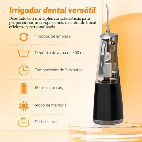 Vista 2 de FlossJet Irrigador bucal inalámbrico con 10.1 fl oz, 5 puntas, 4 modos, USB, cargador portátil, limpiador de riego IPX7, irrigador eléctrico dental