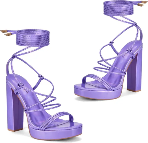 Vista 2 de Elisabet Tang Sandalias de tacón con tiras para mujer, tacones de plataforma de 5 pulgadas, tacones altos con cordones gruesos y puntera abierta