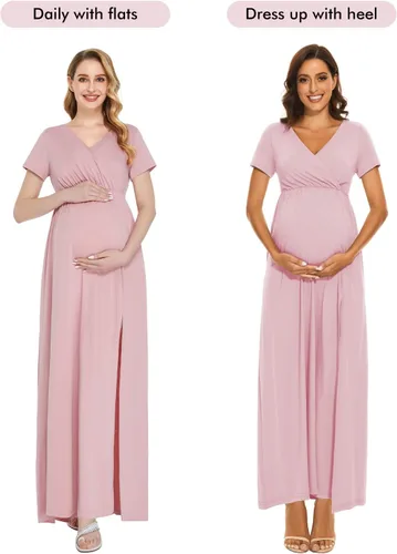 Vista 4 de Liu & Qu Vestido de maternidad de manga corta, cintura fruncida, casual, vestido de embarazo con abertura para sesión de fotos, baby shower