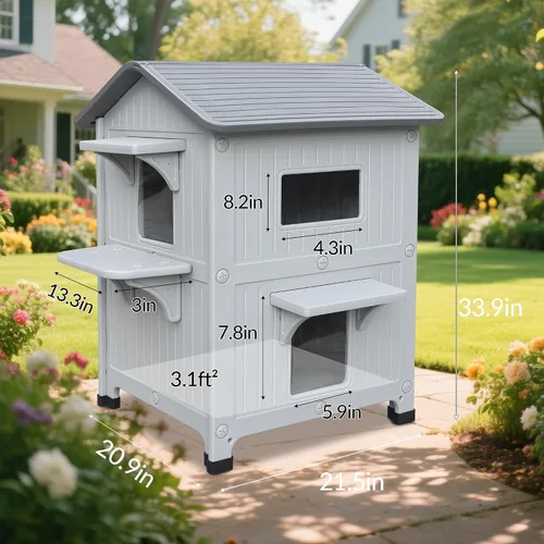 Vista 9 de Casa para gatos al aire libre, casas de 2 pisos al aire libre para gatos salvajes, refugio exterior de plástico, resistente a la intemperie
