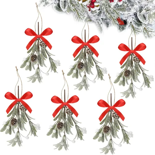 Vista 9 de Giegxin 1 pieza Adorno de Navidad Artificial de Muérdago Colgante con Lazo Rojo Bouquet de Adornos Colgantes de Navidad Floral con Piñas Naturales