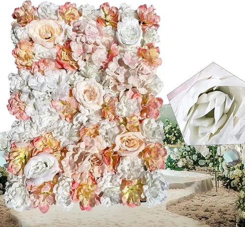 Vista 6 de 5 piezas de flores artificiales para pared, rosas de seda colgantes, juego de paneles de pared de flores, pared romántica de flores champán para 10