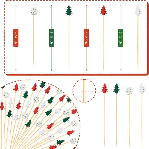 Vista 2 de 100 palillos de cóctel de árbol de Navidad con copos de nieve de 4.7 pulgadas de largo, palillos de frutas, sándwich de aperitivo, brochetas