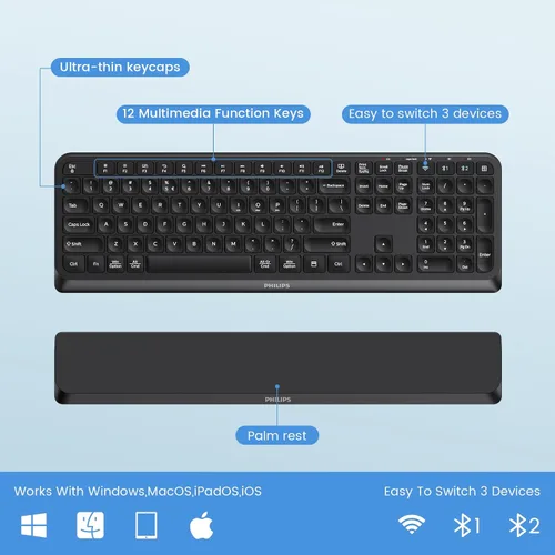 Vista 6 de PHILIPS Combo de teclado y mouse Bluetooth, diseño ergonómico con reposamuñecas para teclado de computadora, conectividad Bluetooth/2.4Ghz de 3