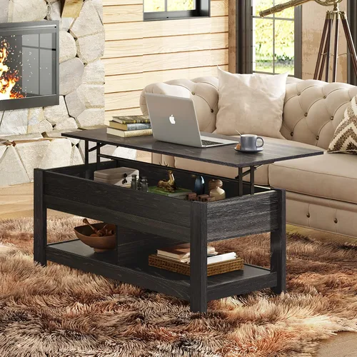 Vista 2 de WLIVE - Mesa de centro con parte superior elevable de 47", mesa de centro con compartimento oculto y 2 estantes de almacenamiento para sala de Roble