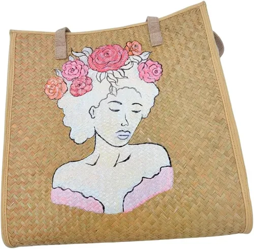 Vista 5 de Women's Handknitting Sea Grass Tote BagGirl Flower head Summer Tote BagHand Painted Acrylic color on seagrass Handcrafted Bag