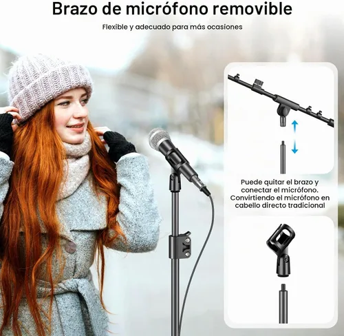 Vista 4 de Soporte de micrófono, brazo de boom trípode de altura ajustable de alta resistencia con bolsa de transporte, 2 clips de micrófono, adaptador de 3/8