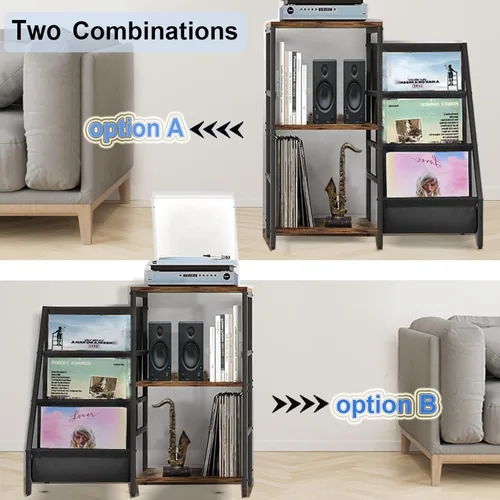 Vista 3 de Soporte para tocadiscos, soporte para tocadiscos con almacenamiento de discos de vinilo, soportes para tocadiscos, mesa auxiliar marrón para sala