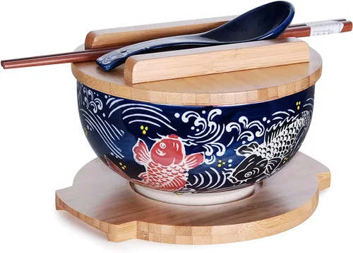Vista 11 de Happy Sales HSKM-CHRYB8, juego de tazón para ramen, fideos de arroz estilo vintage japonés Kamameshi con tapa de bambú, esterilla, palillos
