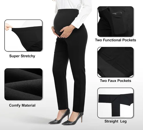 Vista 2 de PACBREEZE Pantalones de maternidad para mujer, para el trabajo, embarazo, casual, elásticos, rectos, con bolsillos
