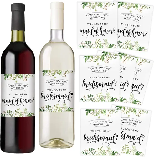 Vista 3 de Printed Party Propuesta de dama de honor para botella de vino, etiqueta de regalo, vegetación, juego de 8