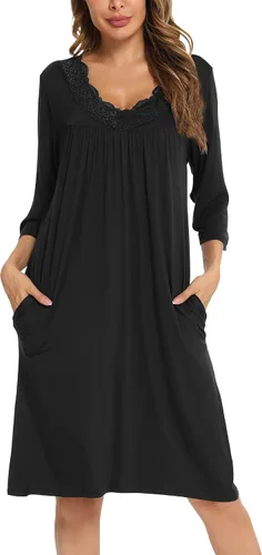 Vista 3 de YYA Camisones para mujer, manga 34, ropa de dormir de encaje cómoda, plisada, cuello en V, talla grande, tallas S-4XL