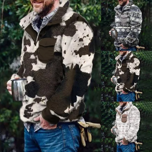 Vista 3 de Sudadera de forro polar mullido para hombre, estampado azteca, con botones, suéter cálido para hombre