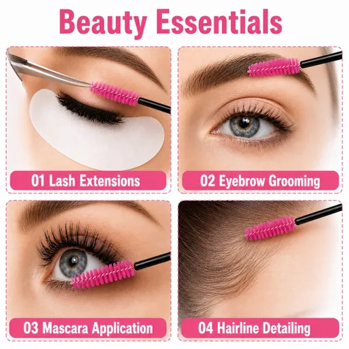 Vista 4 de G2PLUS 100 unidades de cepillos desechables para pestañas, varillas aplicadoras de rímel rosa, juegos de cepillos de maquillaje, cepillos de bobina