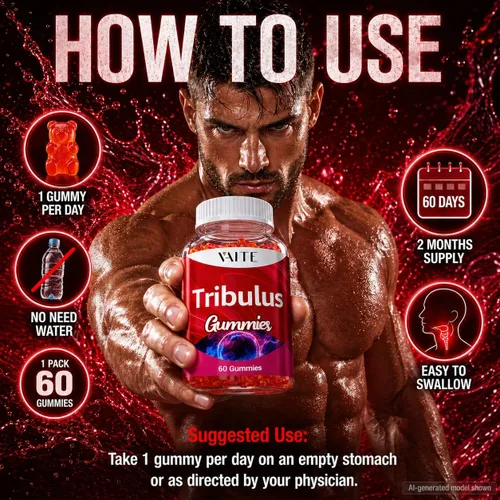 Vista 4 de VAITE Tribulus Terrestris - Gomitas de 1000 mg - 60 gomitas masticables - Veganas, sin azúcar, sin gluten, sin OMG - Fórmula diaria a base