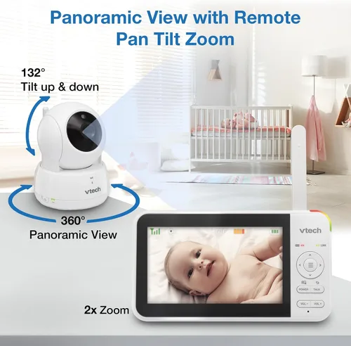 Vista 5 de VTech Monitor de bebé sin WiFi, pantalla de 5 pulgadas y zoom panorámico remoto para recién nacidos, a prueba de piratas, batería de 17 horas, rango