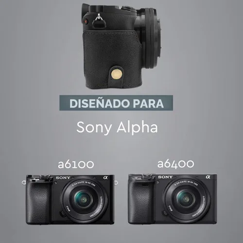 Vista 7 de MegaGear MG1641 Ever Ready - Media funda de cuero genuino para cámara compatible con Sony Alpha A6100, A6400 - Negro