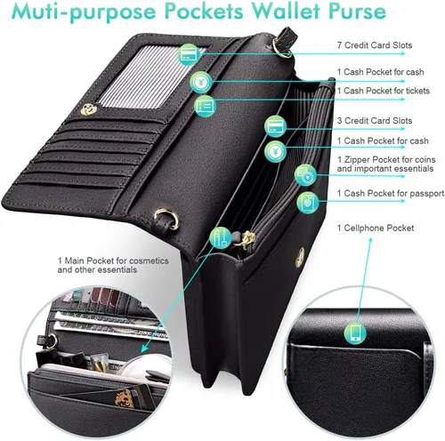 Vista 2 de nuoku - Bolso bandolera pequeño para mujer con ranuras para tarjetas RFID, 2 correas