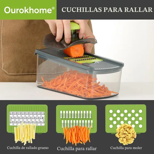 Vista 3 de Ourokhome Cortador de mandolina para cocina, rallador de verduras seguro para manos con 6 cuchillas de mandolina, cortador de gofres para papas