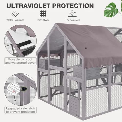Vista 3 de Gran recinto para gatos Catio al aire libre, resistente a la intemperie, con techo impermeable, múltiples plataformas, hamaca para cueva de gato