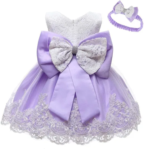 Vista 2 de Tutú formal con lazo de princesa, vestido de encaje y diadema para niñas de Pascua (morado, 0-3 meses)