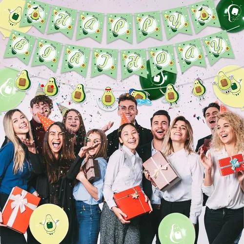 Vista 6 de Decoraciones de cumpleaños de aguacate, suministros para fiestas temáticas de frutas con pancarta de feliz cumpleaños, pancarta de guirnalda