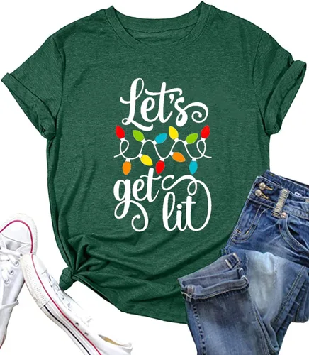 Vista 20 de Camisetas navideñas para mujer Let's Get Lit, camisa con lindo diseño gráfico de luces, manga corta, tops y camisetas de Navidad Gris-Carbón