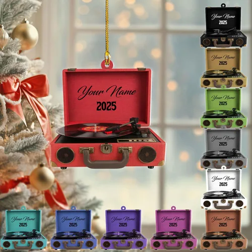 Vista 15 de Adorno de Navidad personalizado, máquina de discos de vinilo, adorno plano 2D, adorno para tocadiscos, instrumento musical, decoración de árbol