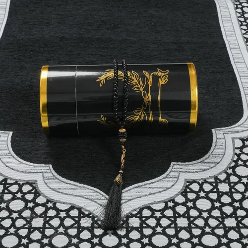 Vista 5 de Alfombra de oración musulmana y cuentas con elegante caja de regalo cilíndrica, felpilla tejida fina, para hombres, mujeres y niños, tapete islámico